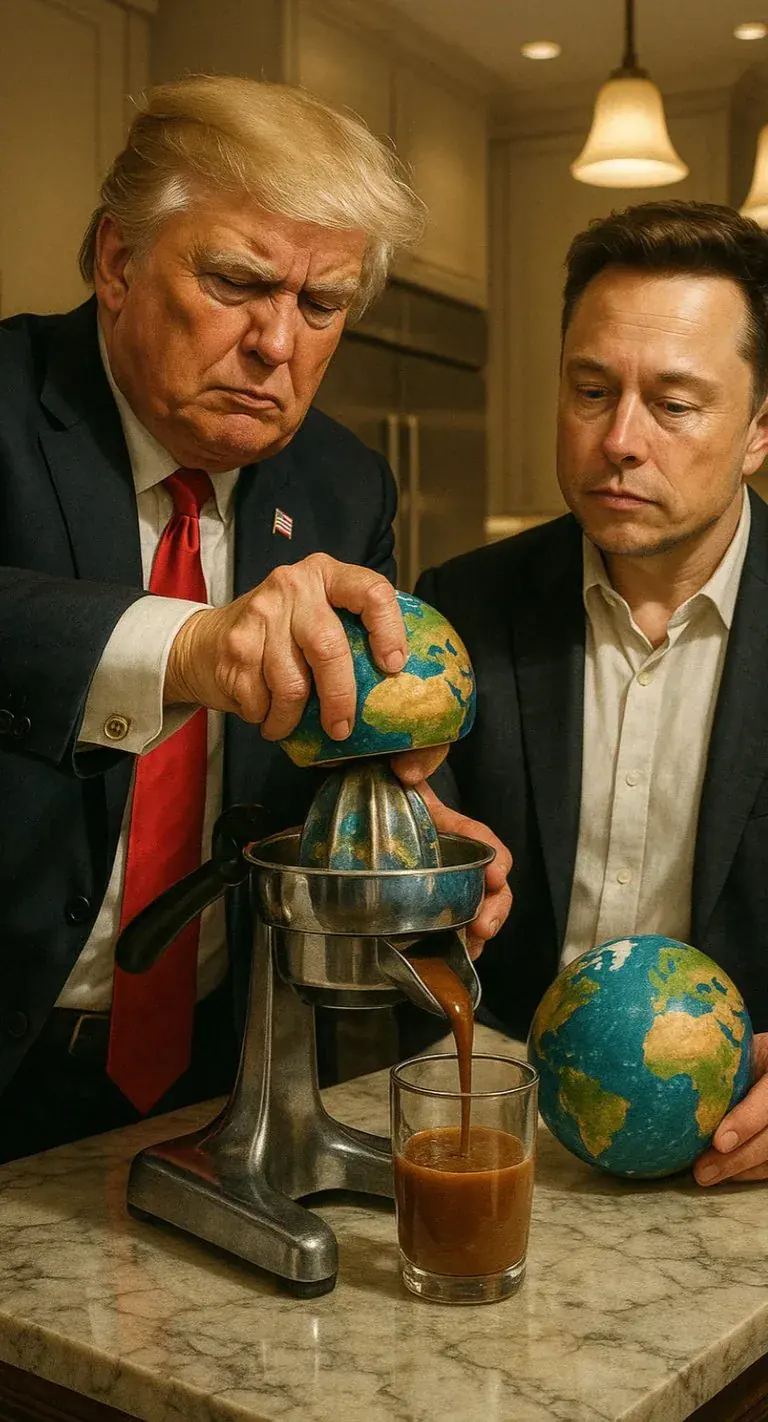 Illustration IA - Journée mondiale de la terre : Trump et Musk pressent la terre comme un citron