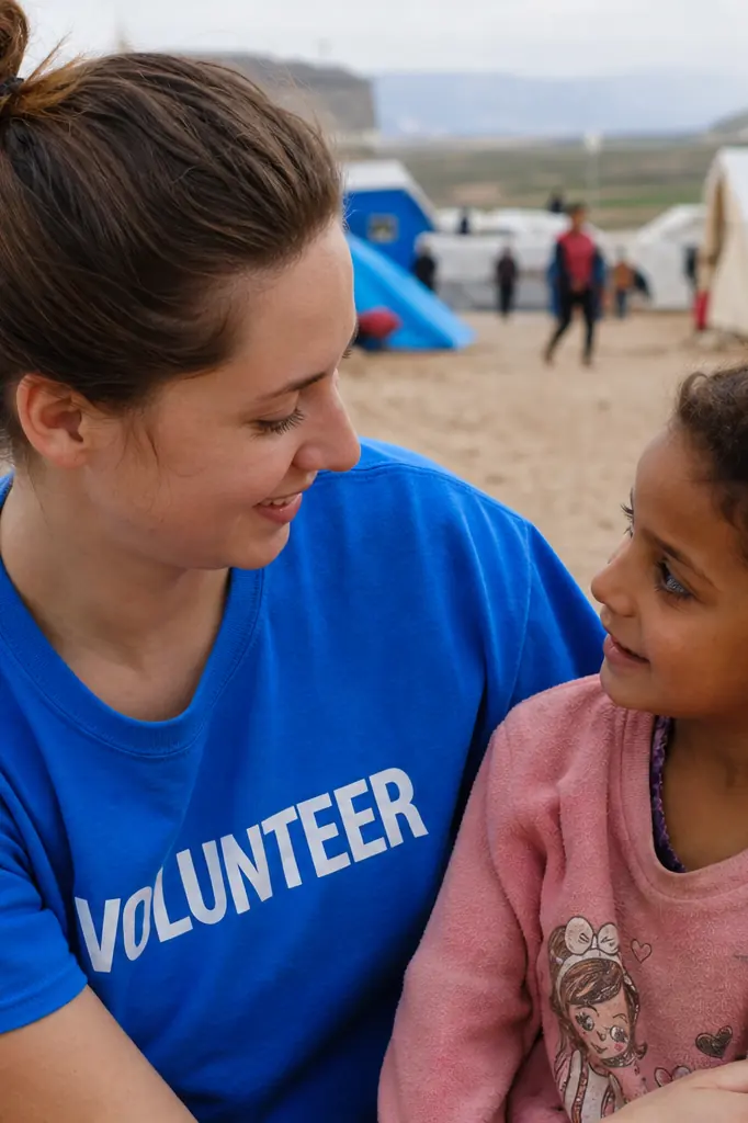 Volontaire soignant un enfant dans un camp de réfugiés