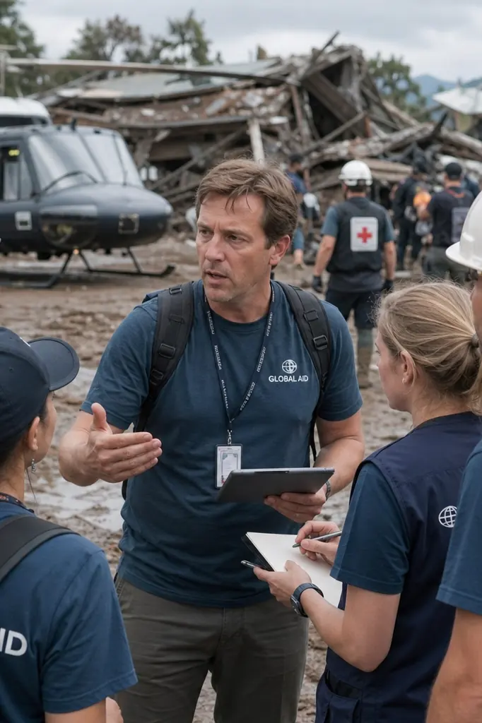 Équipe humanitaire coordonnant une mission de secours