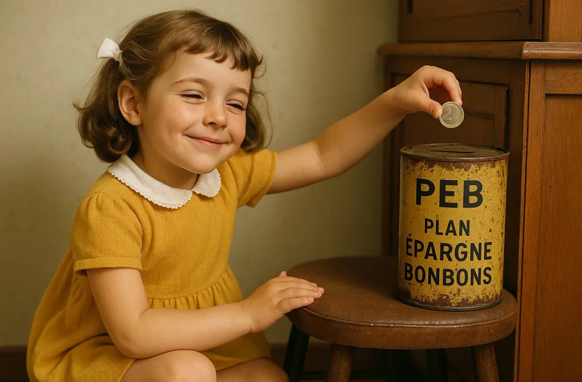 Petite fille met une pièce dans une tirelire "Plan épargne Bonbons" - Journée mondiale de l'épargne