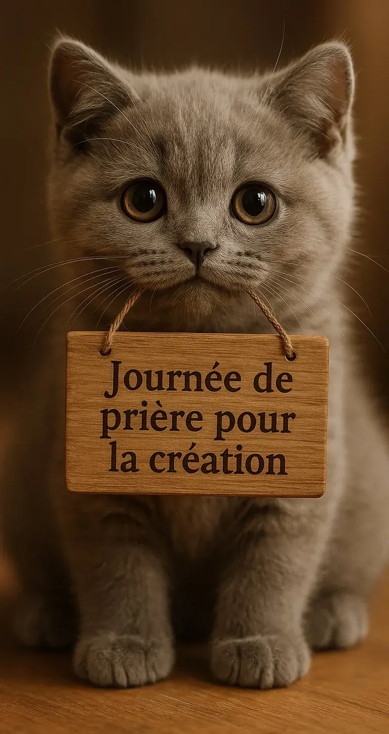 Un petit chat tient un panneau "Journée de prière pour la création - Illustration Journée mondiale 