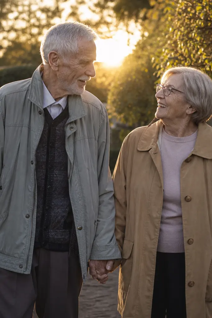 Couple de personnes âgées se promenant main dans la main au jardin