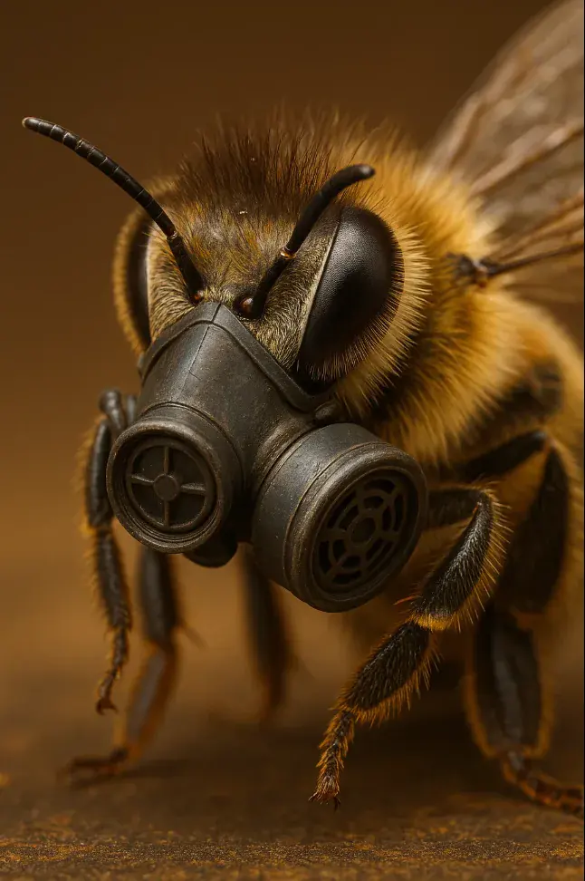 Abeille avec un masque à gaz pour la journée mondiale des abeilles.