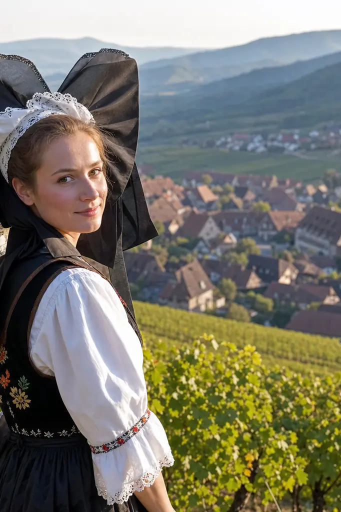 Femme portant la coiffe alsacienne traditionnelle dans les vignobles d'Alsace