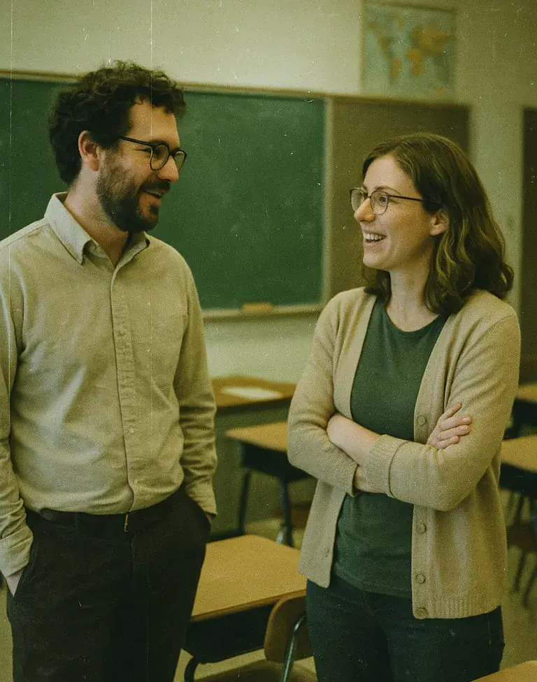 Deux enseignants discutent en classe pour la journée mondiale des enseignants.