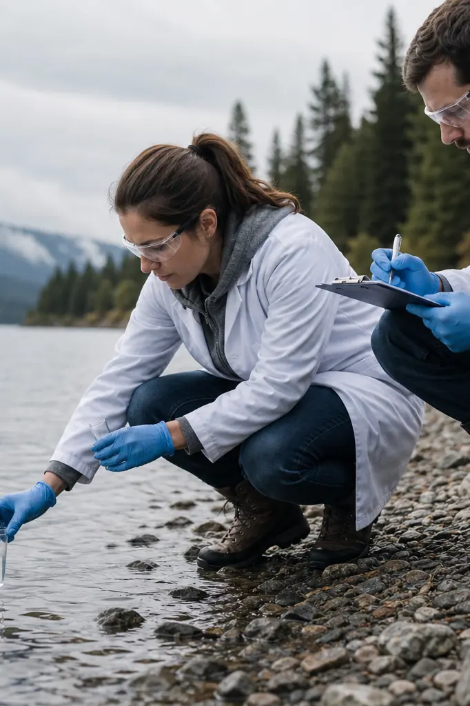 Scientifiques surveillant la qualité de l'eau d'un lac