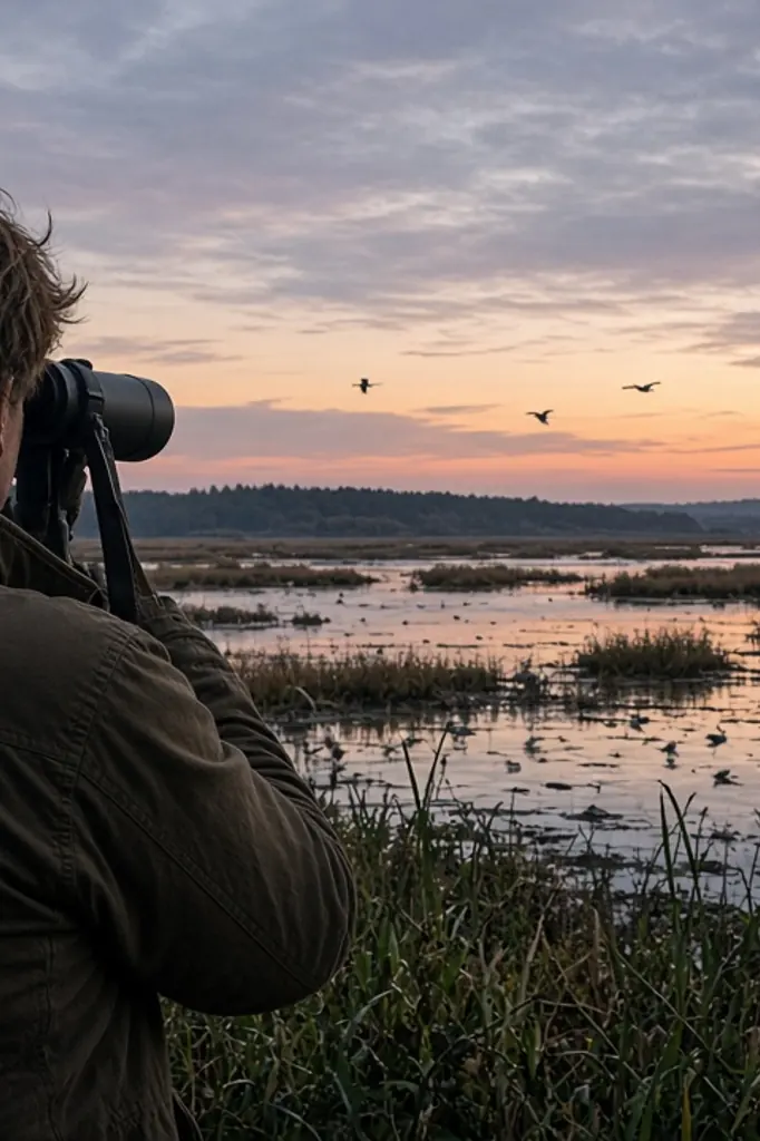 Observation d’oiseaux migrateurs aux jumelles au crépuscule