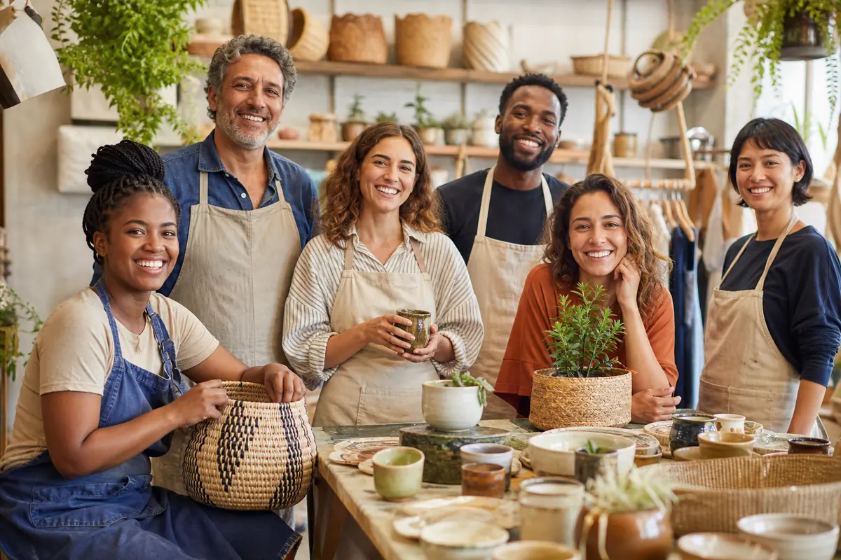 Artisans et entrepreneurs locaux présentant leurs produits dans une petite entreprise