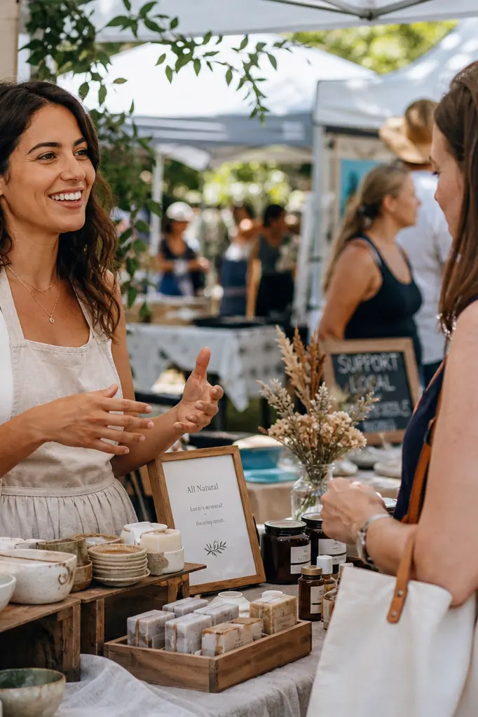 Femme entrepreneure présentant son activité lors d'un marché local
