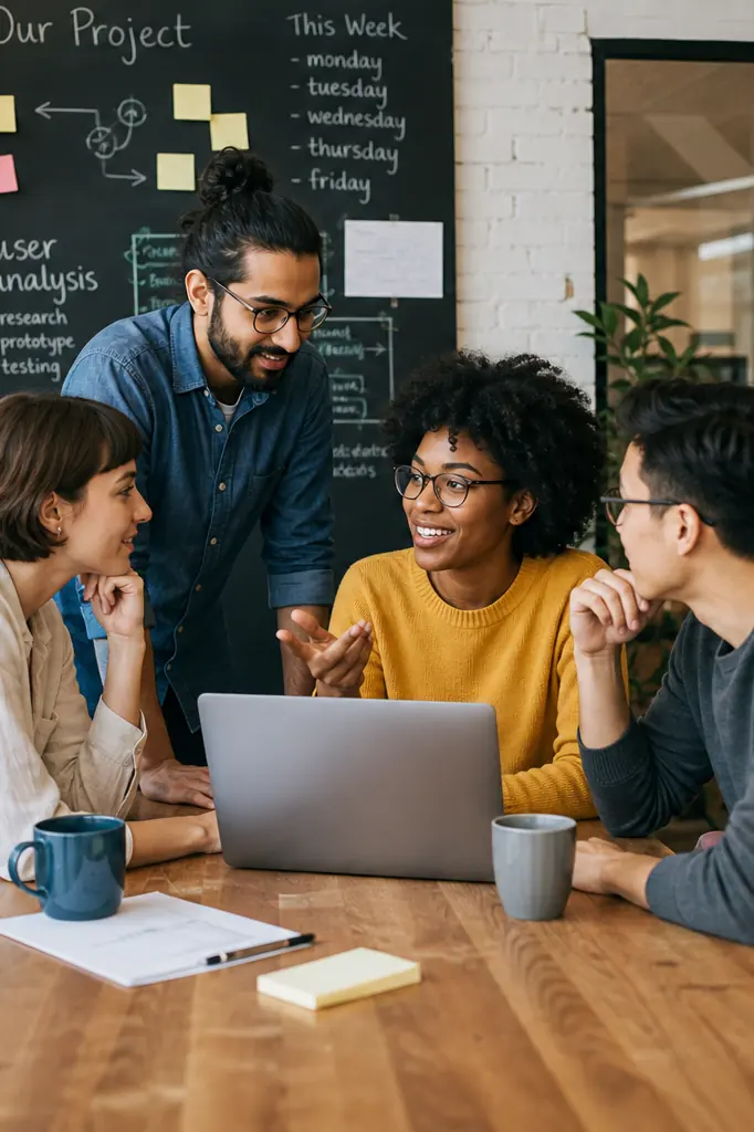 Équipe de jeunes entrepreneurs collaborant dans un bureau de startup