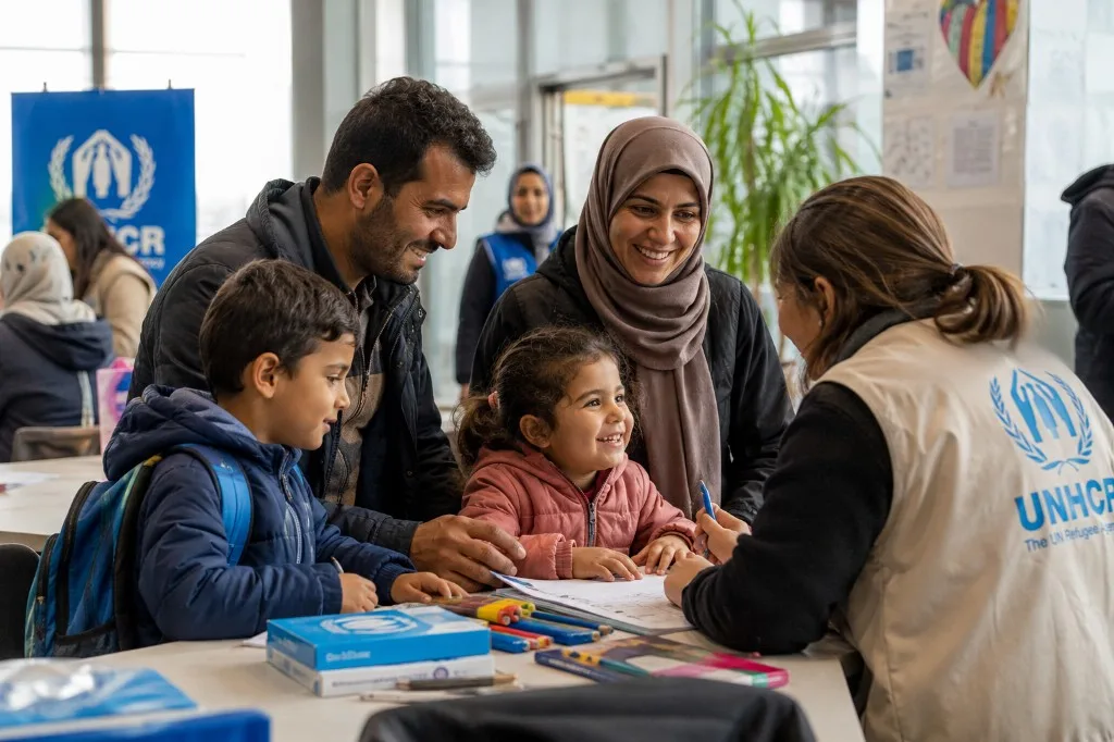 Famille de réfugiés accompagnée par le HCR dans un centre d'accueil