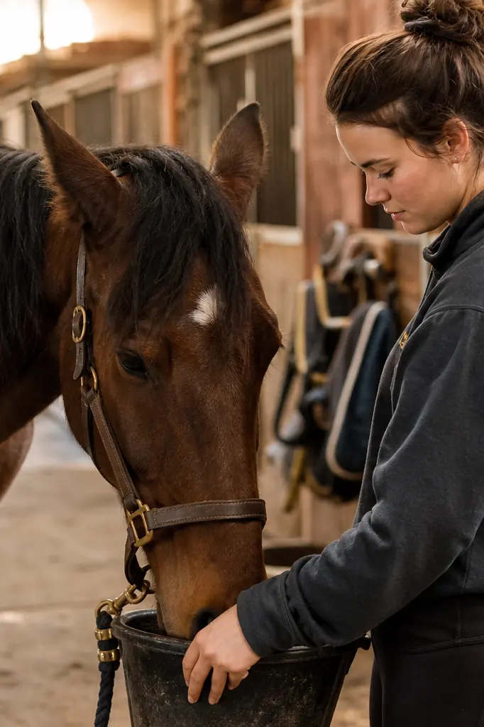 Soins apportés à un cheval dans une écurie