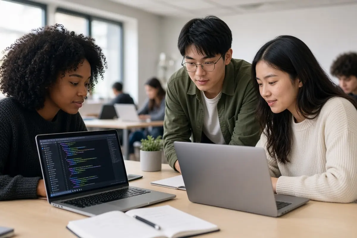 Jeunes apprenant à coder ensemble sur des ordinateurs portables
