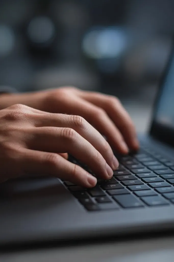 Mains tapant sur un clavier devant un écran lumineux