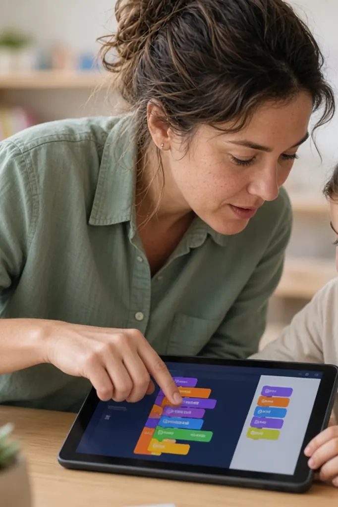 Enseignant aidant un enfant à découvrir le codage sur tablette