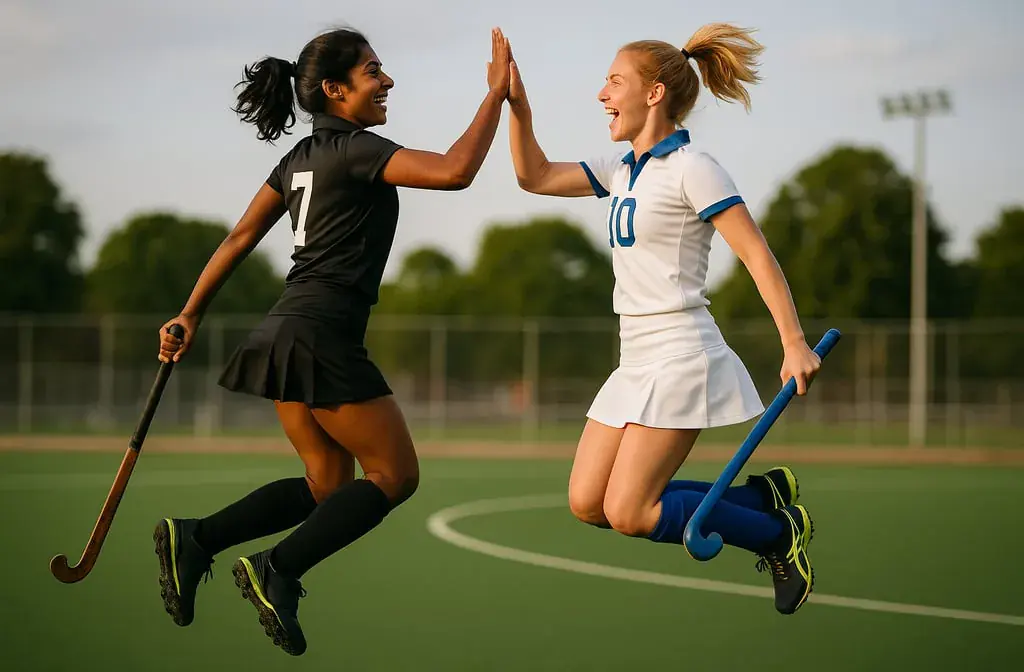 Deux joueuses de hockey sautent et se tapent dans la main pour la journée du fair-play.