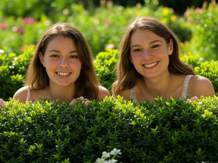 Cachée derrière la haie pour la journée mondiale du jardinage nu