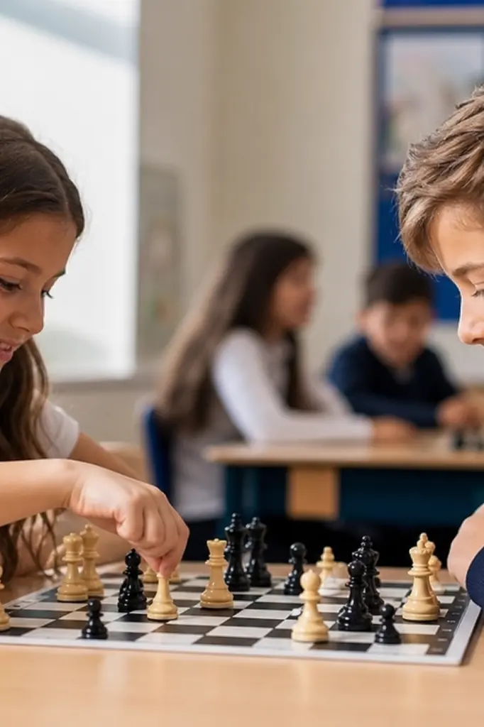 Enfants jouant aux échecs dans une salle de classe