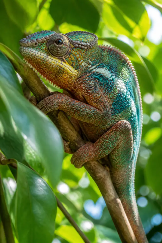 Caméléon coloré sur une branche parmi les feuilles