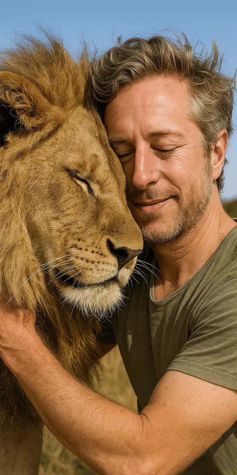 Gauthier Leleu fait un câlin à un lion pour la journée mondiale du lion.