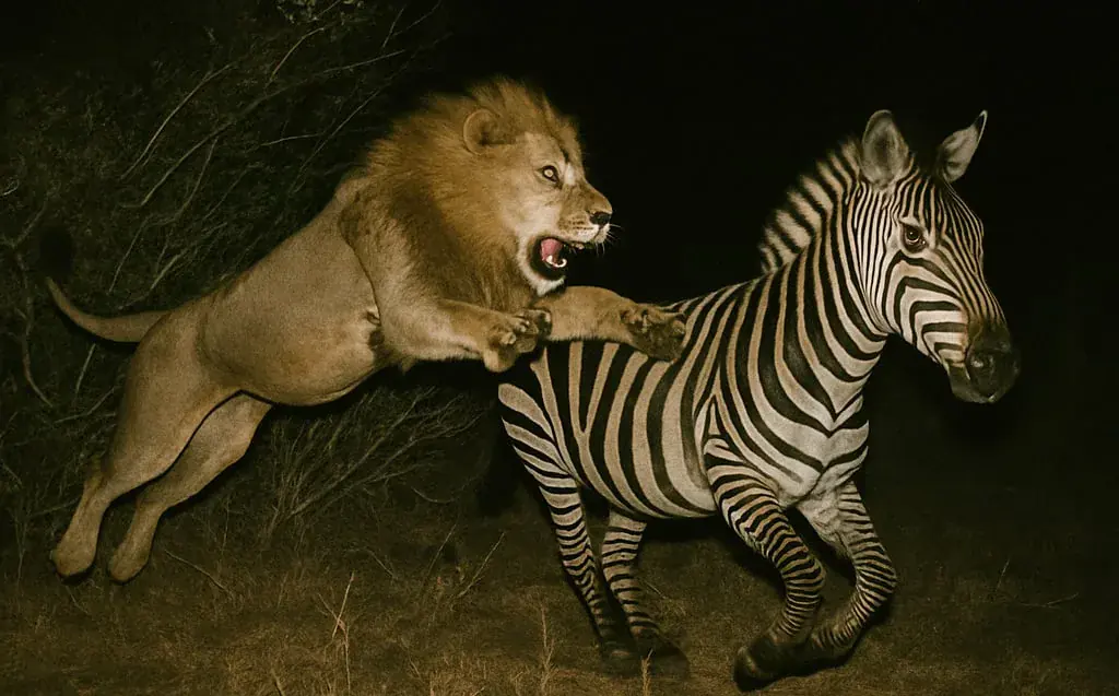 Un lion chasse un zèbre lors d'un safari organisé pour la journée mondiale du lion.