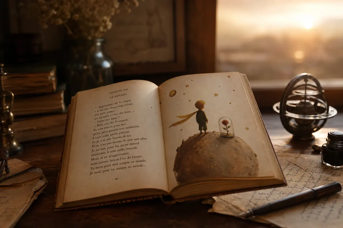 Livre ouvert et symboles poétiques évoquant Le Petit Prince sur un bureau