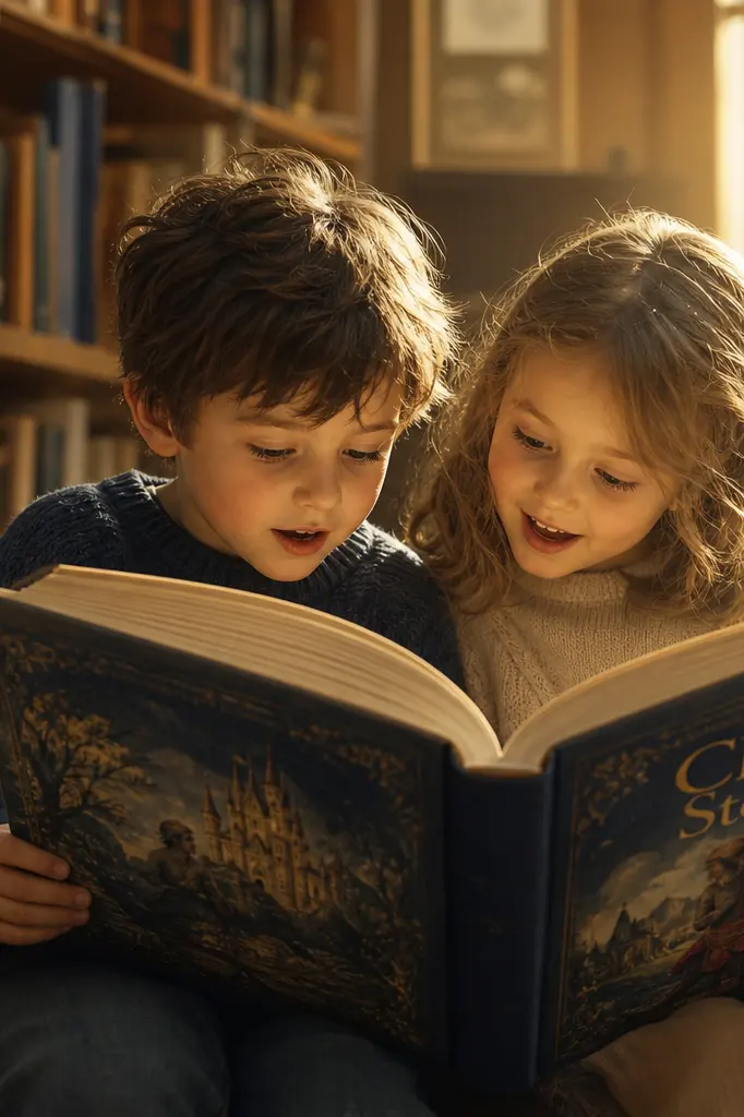 Enfants lisant un livre illustré ensemble dans une bibliothèque