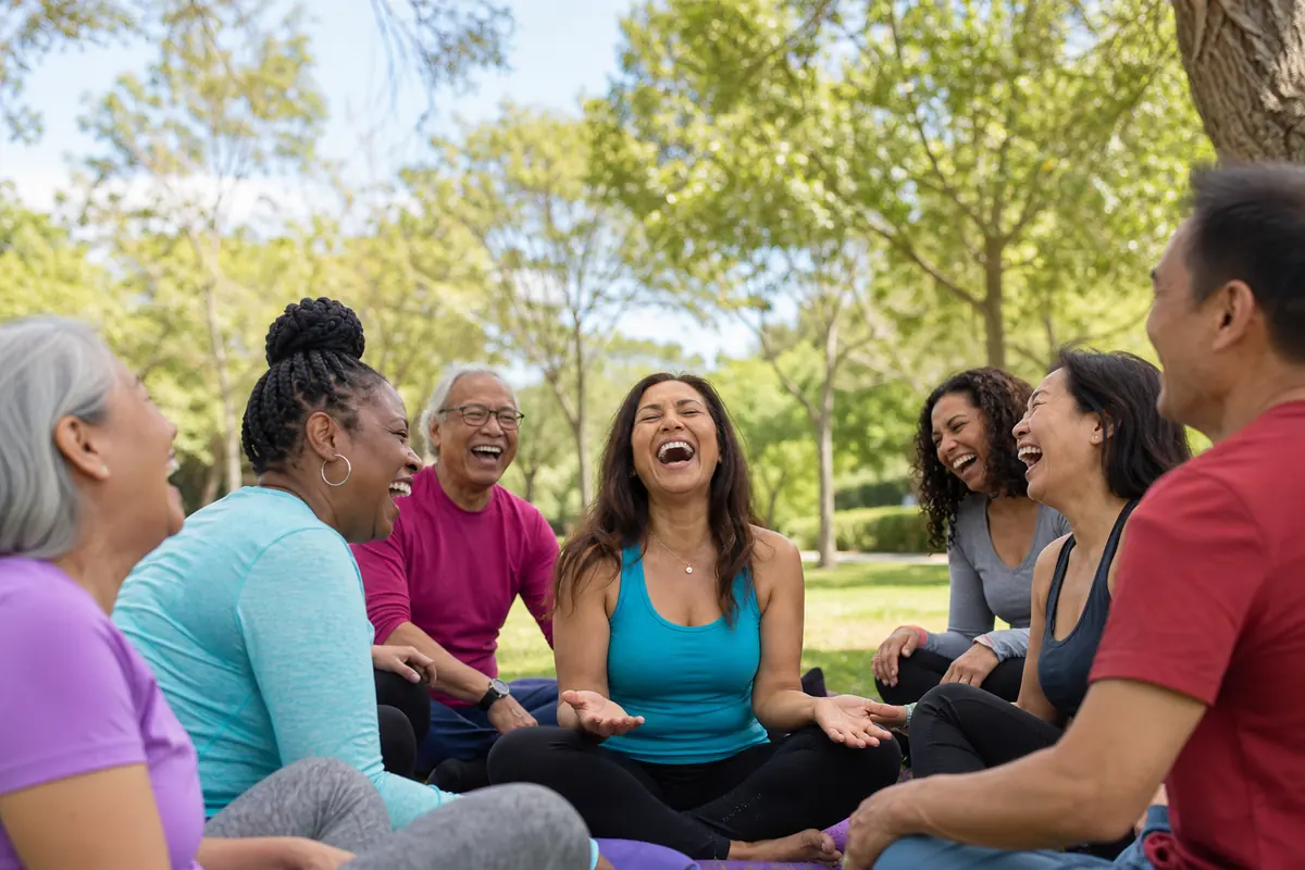 Groupe de personnes riant ensemble lors d'une séance de yoga du rire en plein air