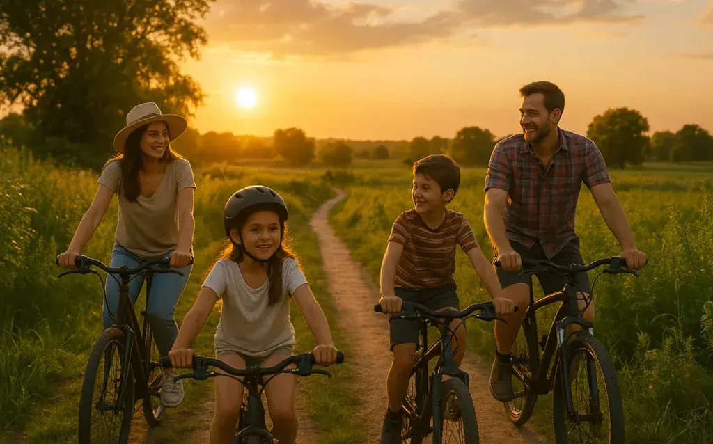 Famille à vélo sous un soleil couchant - Journée mondiale du vélo.