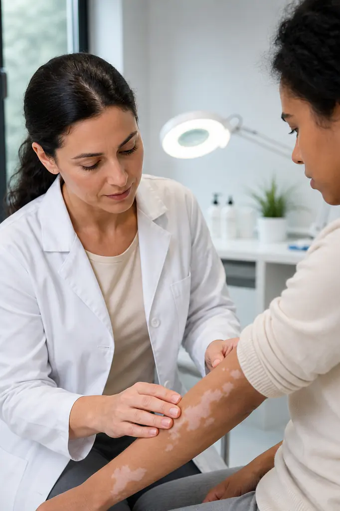 Dermatologue examinant des lésions de vitiligo avec bienveillance en cabinet