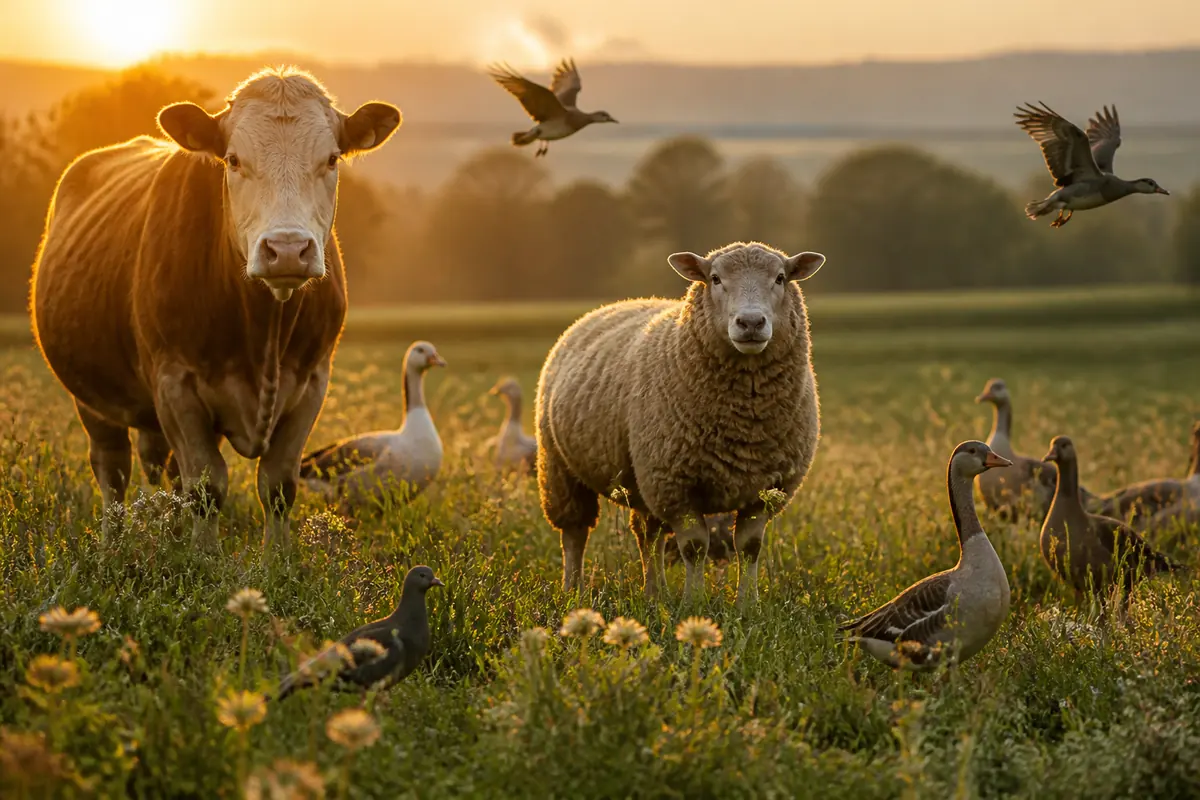 Animaux de ferme et oiseaux partageant une prairie au lever du soleil