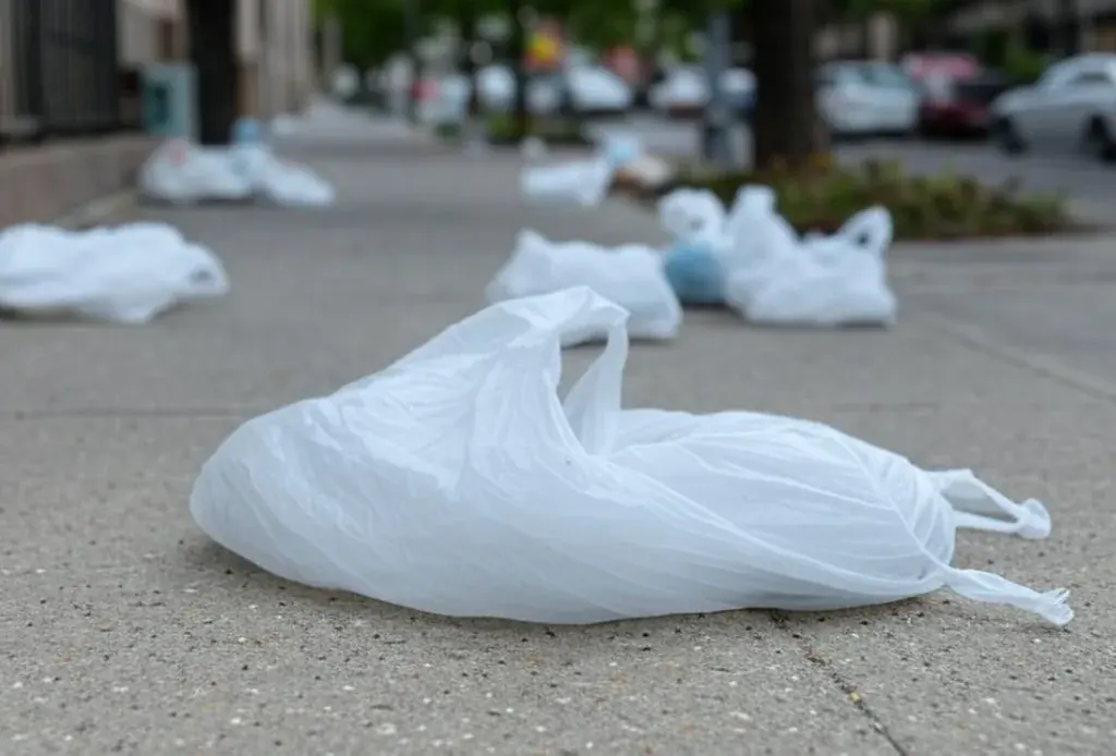 Des sacs plastiques sur le trottoir pendant la journée mondiale sans sacs plastiques.