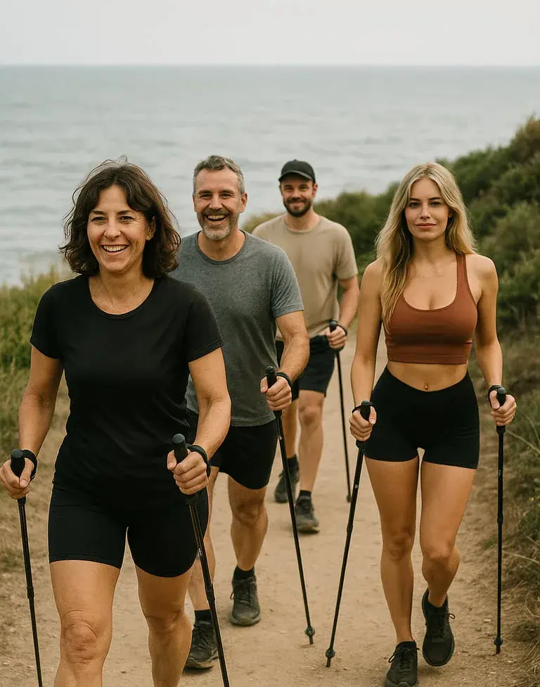 Un groupe d'amis fait de la marche nordique pour la journée nationale de la marche nordique.