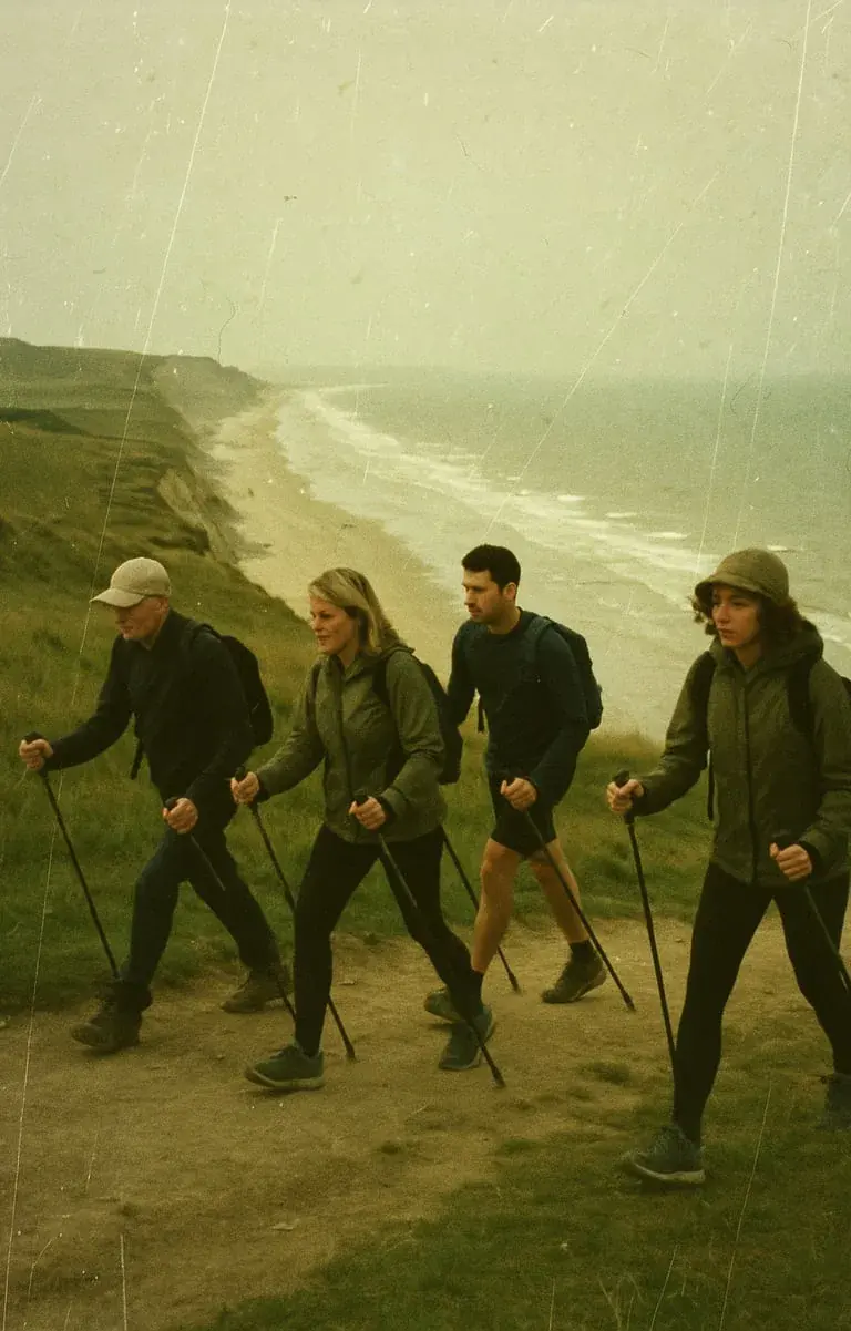 Un groupe d'amis fait de la marche nordique pour la journée nationale de la marche nordique.