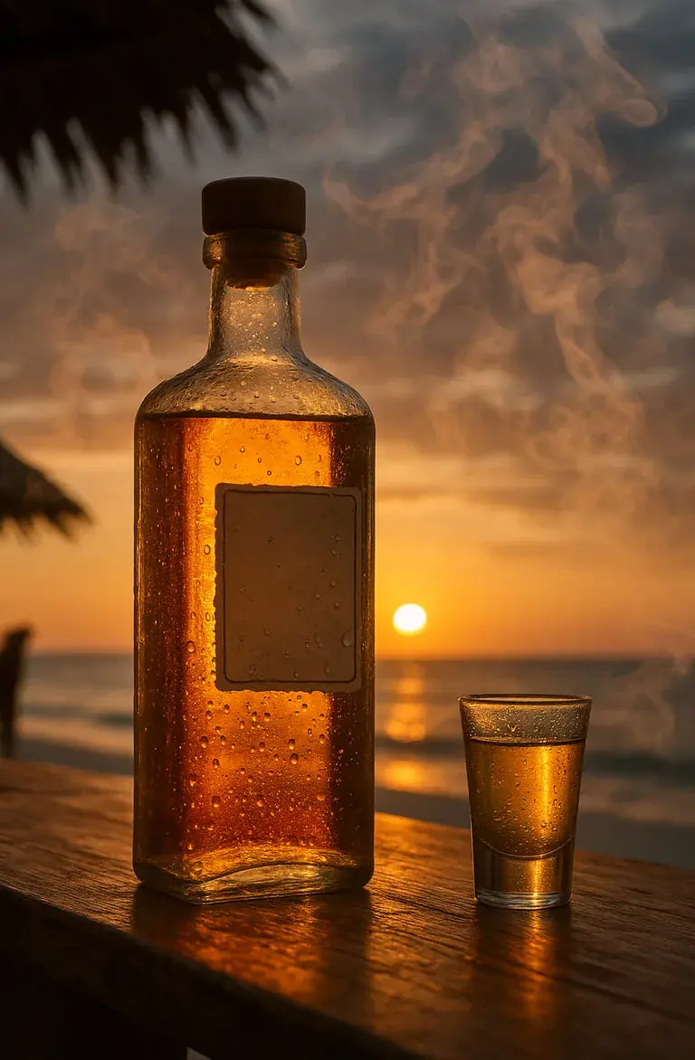Bouteille de tequila sur un bar avec un coucher de soleil pour la journée nationale de la tequila