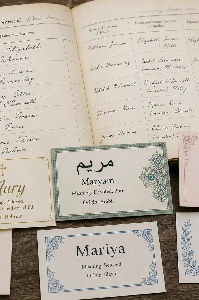 Registre de naissance et fiches de prénoms Maria Marie Mary dans différentes langues