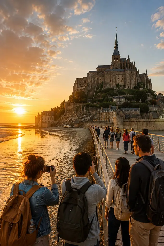 Touristes visitant le Mont-Saint-Michel, l’un des sites les plus célèbres de France