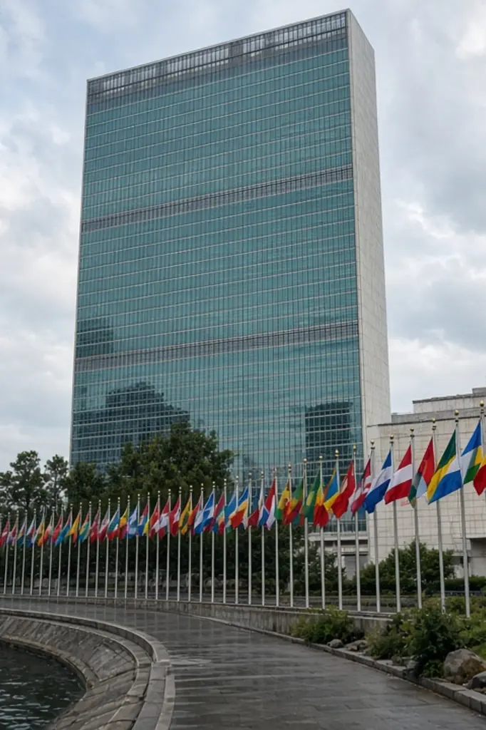 Siège des Nations Unies et drapeaux de nombreux pays
