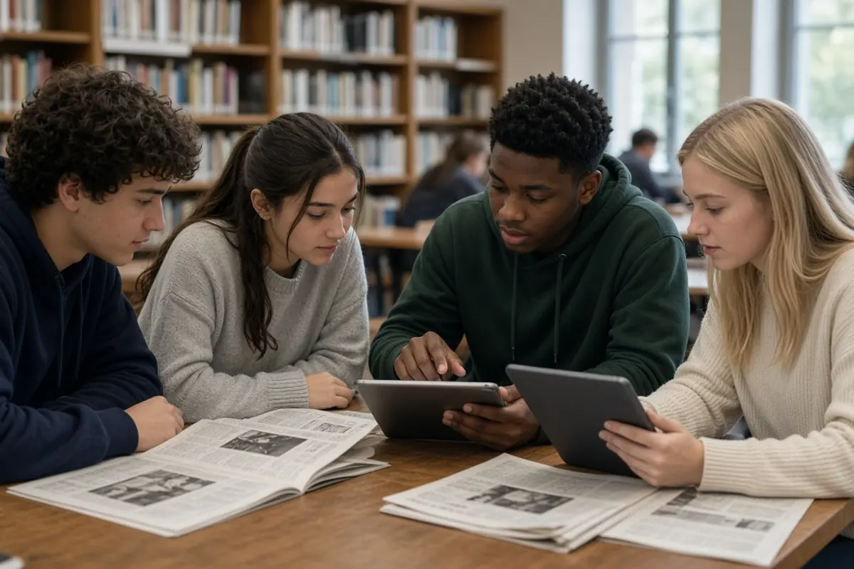 Élèves analysant journaux et tablettes dans une bibliothèque
