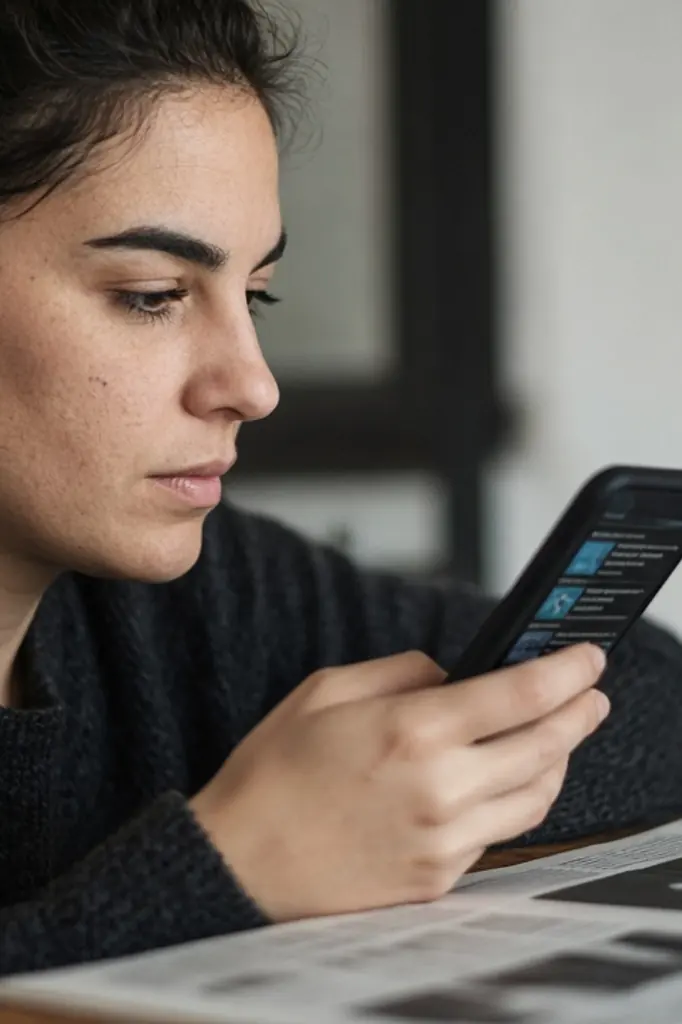 Personne vérifiant une information sur smartphone près de journaux