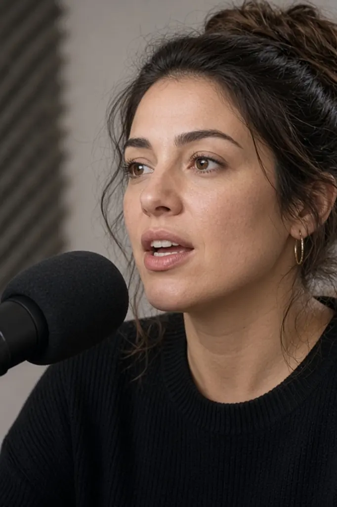 Journaliste radio parlant dans un microphone en studio