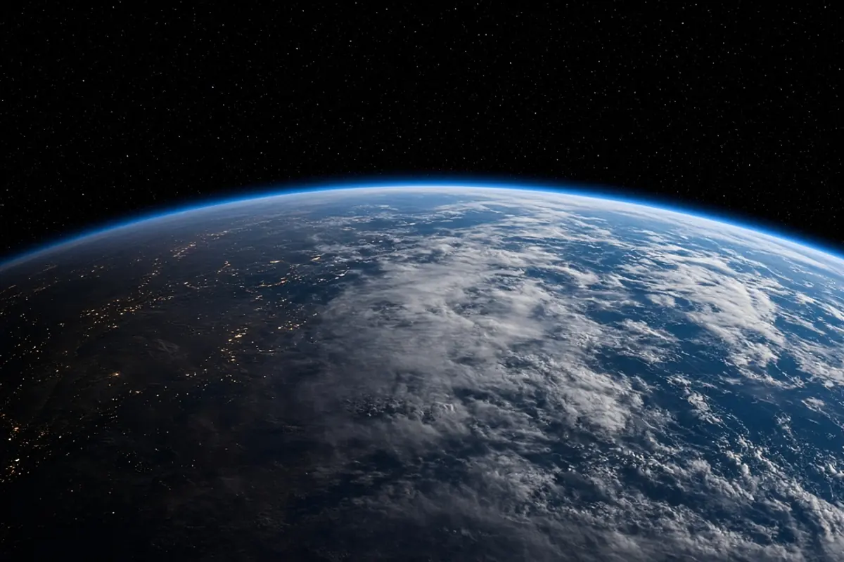 La Terre vue depuis l’orbite, atmosphère bleue et étoiles